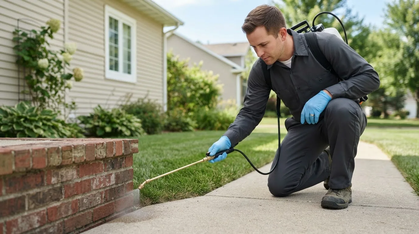 Pest control technician treating a home near Bellefonte, PA